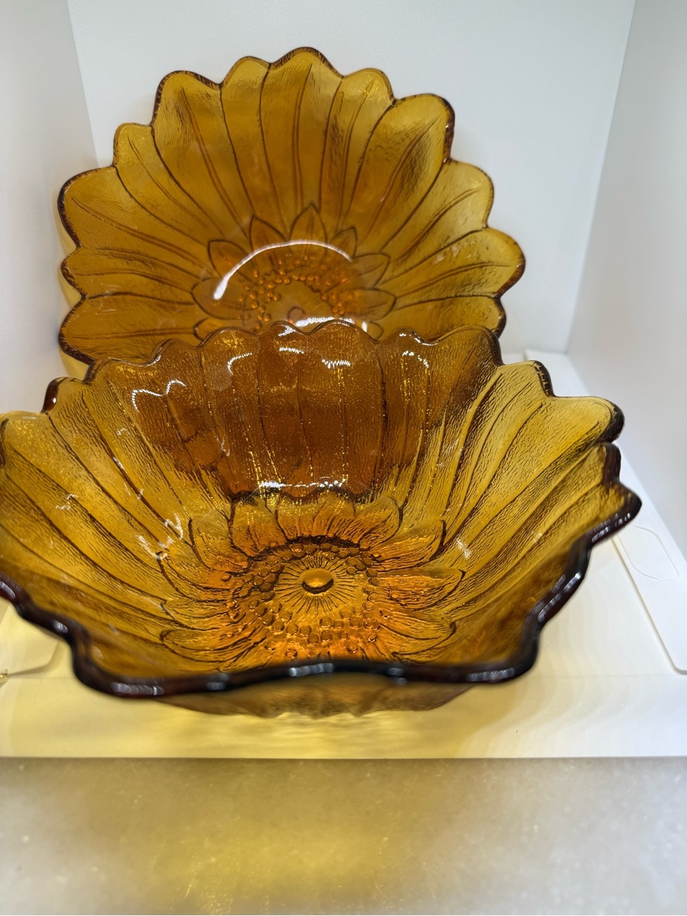 2 Vintage Gold Colored Glass Sunflower Shaped Decorative Candy Dishes 7”
